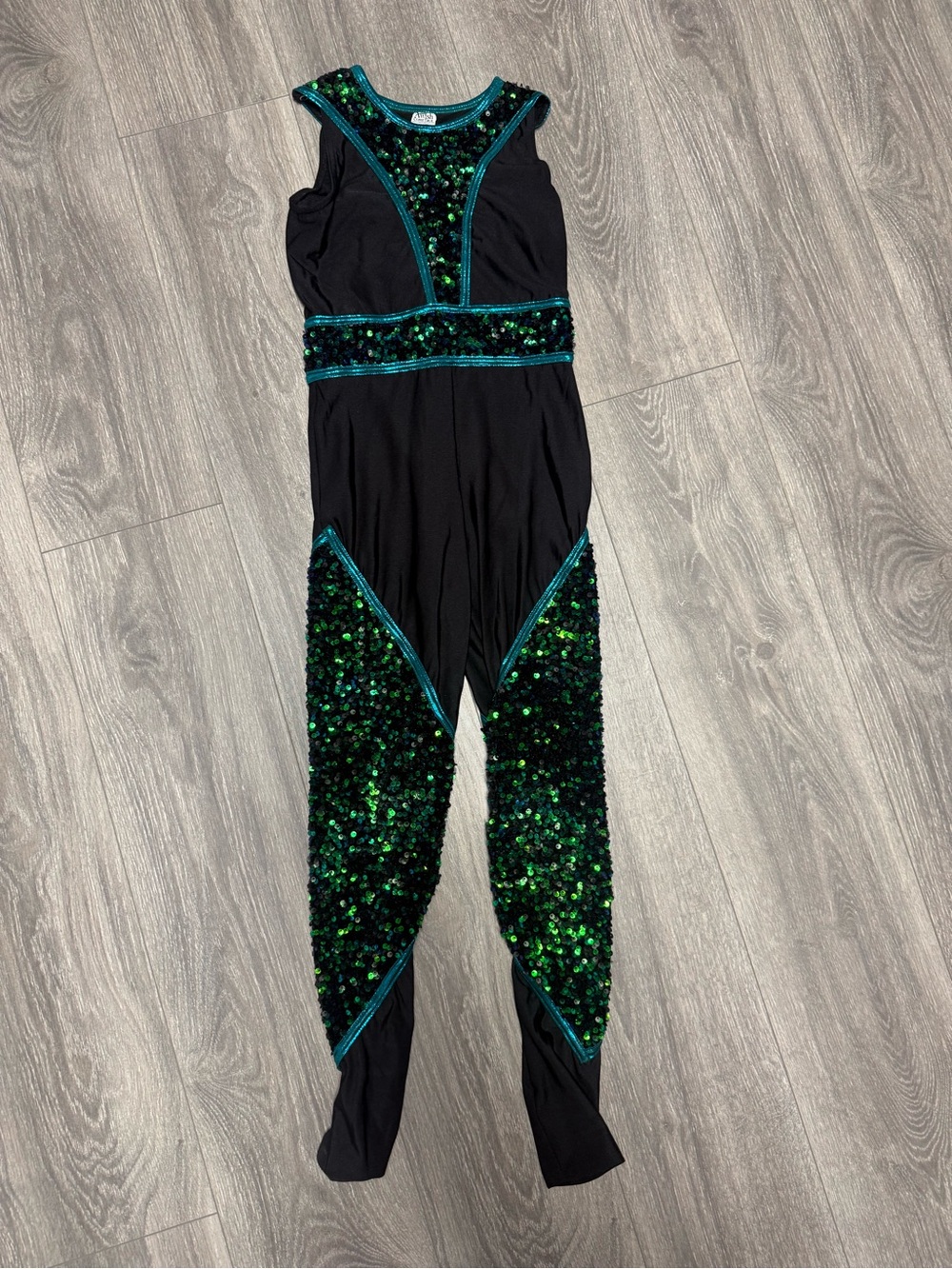 Black, Teal, & Green Sequin Kids One-Piece Dance Bodysuit